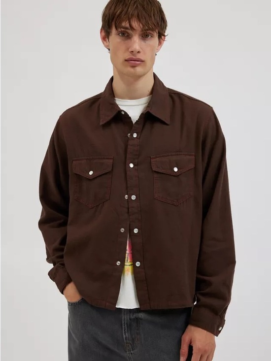 BDG Other - BDG Men's Cropped Brown Shirt Jacket with Snap Flap Pockets